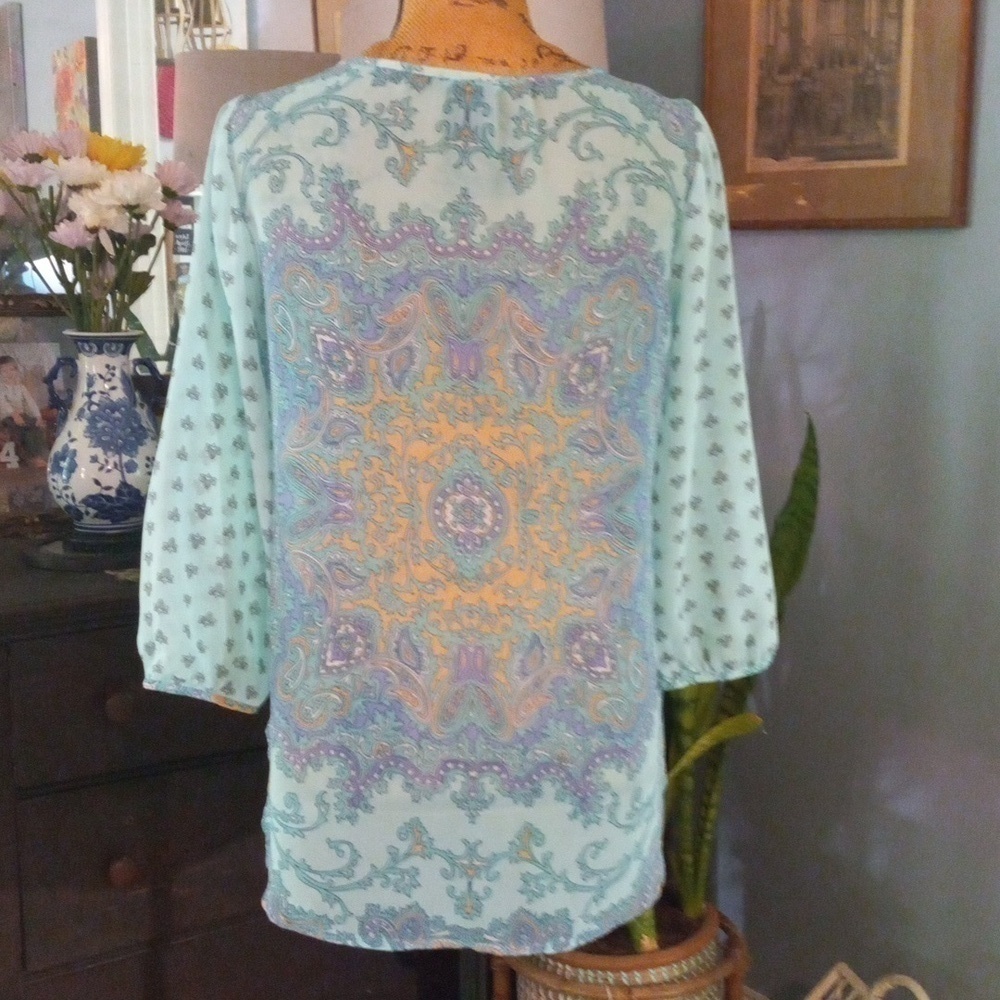 Ann Taylor Aqua and Lavender Paisley Print Boho Sheer Peasant Blouse - Picture 7 of 14